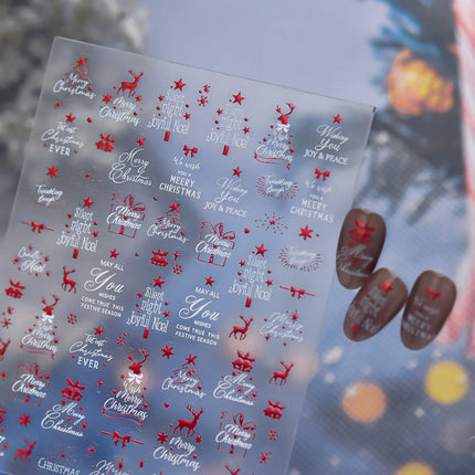 English Word Christmas Tree Calligraphy Font Reindeer Bell Gift Bowknot Starburst Adhesive Nail Charm Art Sticker Manicure Decal