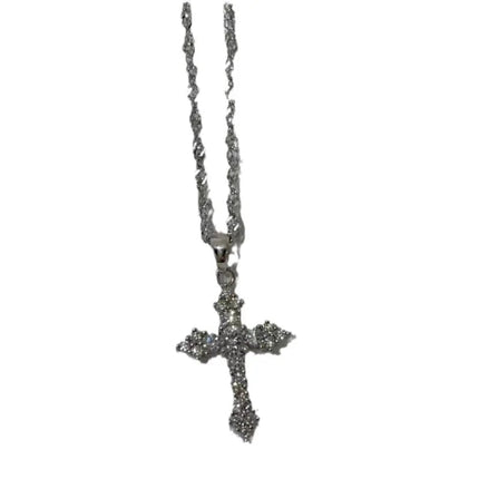 Shiny Crystal Zircon Cross Pendant Necklace for Women Girls Punk Silver Color Thin Chain Necklace Party Jewelry Birthday Gift PlatiNum