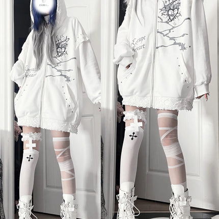 Original Print Subculture Dark Loose Cat Ear Distressed Hooded Sweatshirt Jacket Zip Up Hoodie Oversized Hoodie