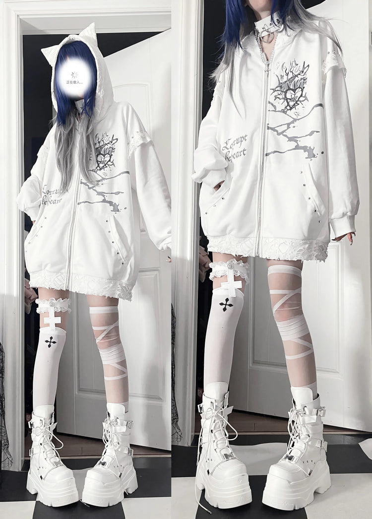 Original Print Subculture Dark Loose Cat Ear Distressed Hooded Sweatshirt Jacket Zip Up Hoodie Oversized Hoodie