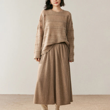Women's 100% Pure Cashmere Skirt Autumn Winter Mid-calf A-line Knitted Full Skirt High Waist Soild Dress Elegant Basic High-end PlatiNum