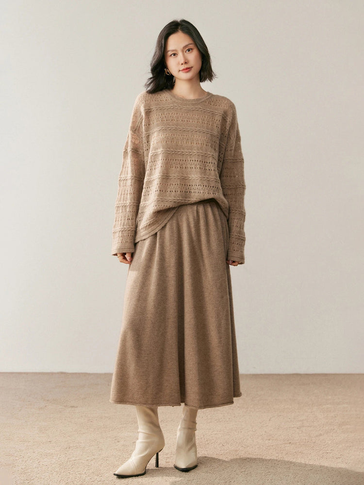 Women's 100% Pure Cashmere Skirt Autumn Winter Mid-calf A-line Knitted Full Skirt High Waist Soild Dress Elegant Basic High-end PlatiNum