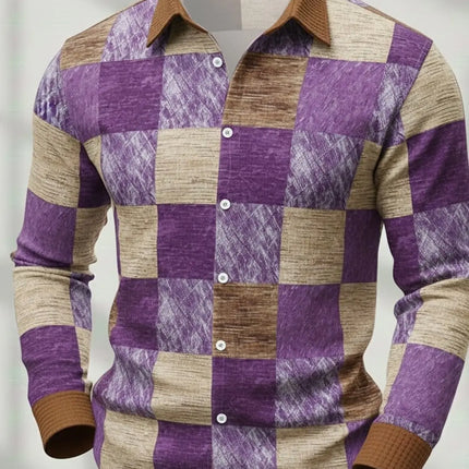Men's Retro Patchwork Plaid Long-Sleeve Shirt, Casual Button-Down Top, Stylish Daily Office/Streetwear Shirt