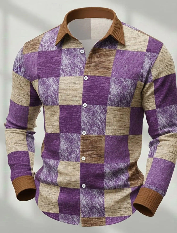 Men's Retro Patchwork Plaid Long-Sleeve Shirt, Casual Button-Down Top, Stylish Daily Office/Streetwear Shirt