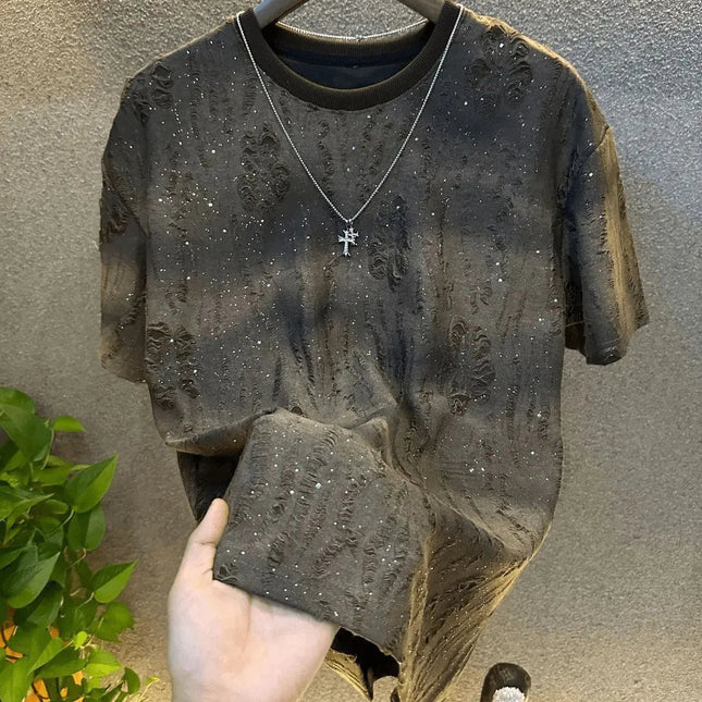 Summer Tear Men Clothing Summer Rhinestone Rivet T-shirt Round Neck Casual T-shirt Korean Version Men's Short Sleeves Tee PlatiNum