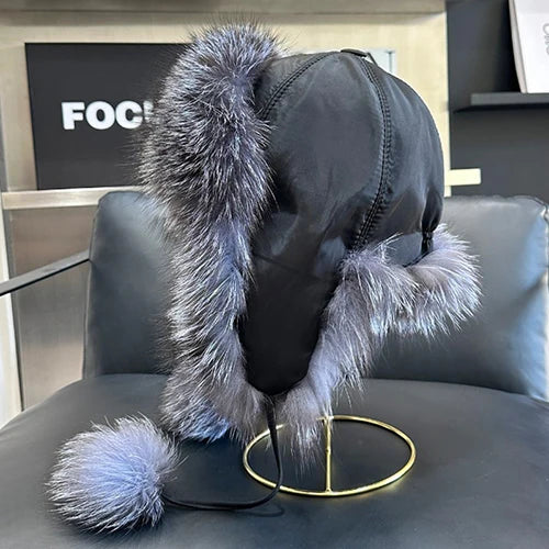 2026 100% Real Fox Fur Hats Women's Russian Ushanka Aviator Trapper Snow Skiing Hat Caps Earflap Winter Raccoon Fur Outerwear Ha