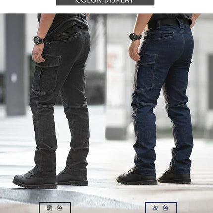 Men's Tactical Jeans Military Denim Cargo Pants Multi-pocket Elastic Casual  Work Trousers Outdoor Combat Training Hiking Pants