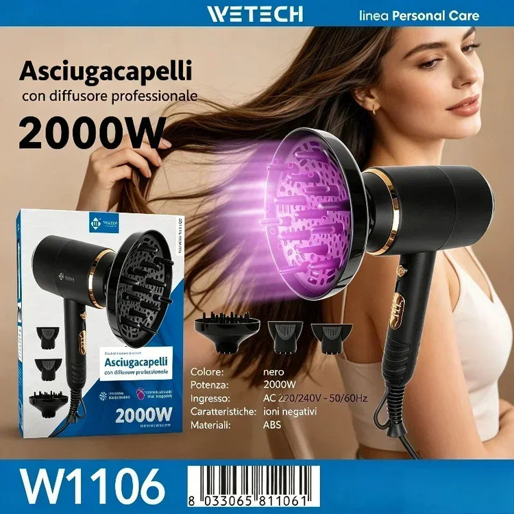 2000W Professional Negative Ionic Hair Dryer Hot Cold Air Adjustable Temperature Blow Dryer Salon Home Use With Nozzle/Diffuser Fast Drying
