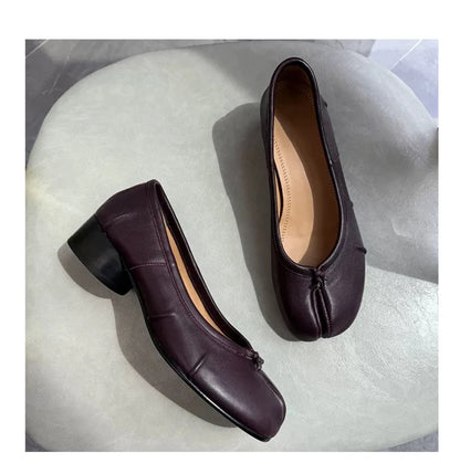 Roundtoe midheel shoes Womens Genuine leather High heels Sheepskin Pleated Tibi splittoe shoes Women Mary Jane shoes Designer