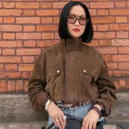 Women's Belt Short Suede Jackets Loose Lapel Long Sleeve Zipper Coats 2025 Spring Lady Vintage Female Outwear Street