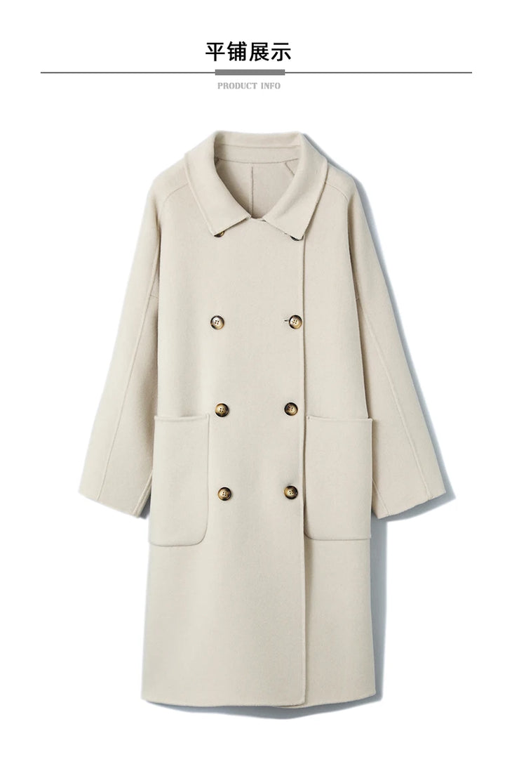 Ladies' 100% Cashmere Thick Double-Sided Extended Coat, Classic, Versatile and Fashionable for Business and Leisure
