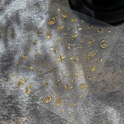 3D Bronzing Gold Moon Star Nail Art Stickers Retro Bohemia Sun Moon Star Nails Designs Self-Adhesive 3D Luxury Nail Decorations