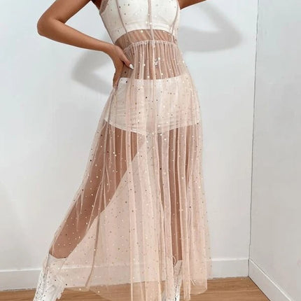 New Summer Women Cover Up Dress senza maniche collo quadrato Beach Holiday paillettes Split Midi Beach Smock Skin-Friendly confortevole platinumshop