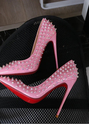 Tacchi alti tempestati di rosa, alla moda, bocca ultra poco profonda, punta a punta, tacco sottile, cielo odio, stile punk alto, 12 cm platinumshop