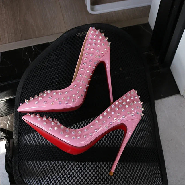 Tacchi alti tempestati di rosa, alla moda, bocca ultra poco profonda, punta a punta, tacco sottile, cielo odio, stile punk alto, 12 cm platinumshop
