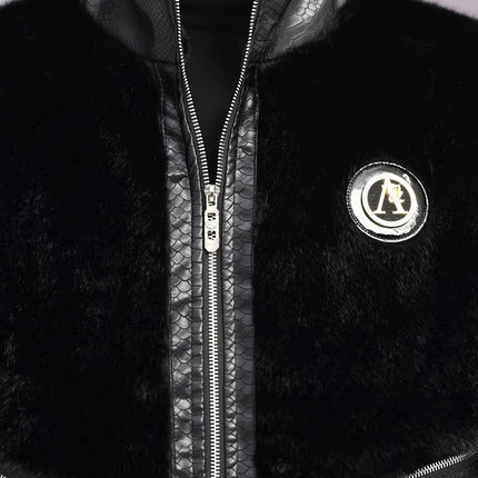 Winter Stand-Up Collar Men's Fashionable Casual Warm Faux Mink Fur Spliced Pu Leather Jacket