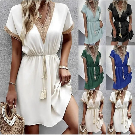 Abito corto longuette da spiaggia femminile con scollo a V in pizzo a maniche corte tinta unita estivo Abiti eleganti da donna in tinta unita bianco dolce platinumshop