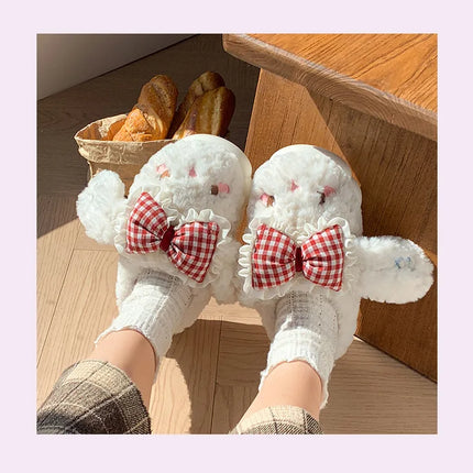 2026 New Women's Cotton Bow Bunny Slippers Winter Indoor Home Warm Household Wool Cotton Shoes Women Wear Indoor Winte