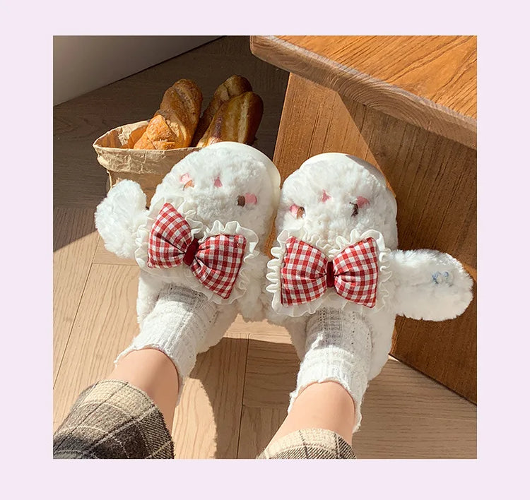 2026 New Women's Cotton Bow Bunny Slippers Winter Indoor Home Warm Household Wool Cotton Shoes Women Wear Indoor Winte