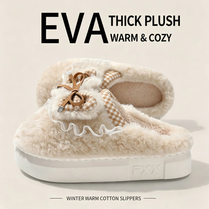 Kawaii Winter Warm Cotton Slippers Women Plaid Bowknot Lace Ruffle Plush Thick Platform Non-Slip Indoor Casual Shoes