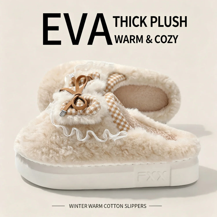 Kawaii Winter Warm Cotton Slippers Women Plaid Bowknot Lace Ruffle Plush Thick Platform Non-Slip Indoor Casual Shoes
