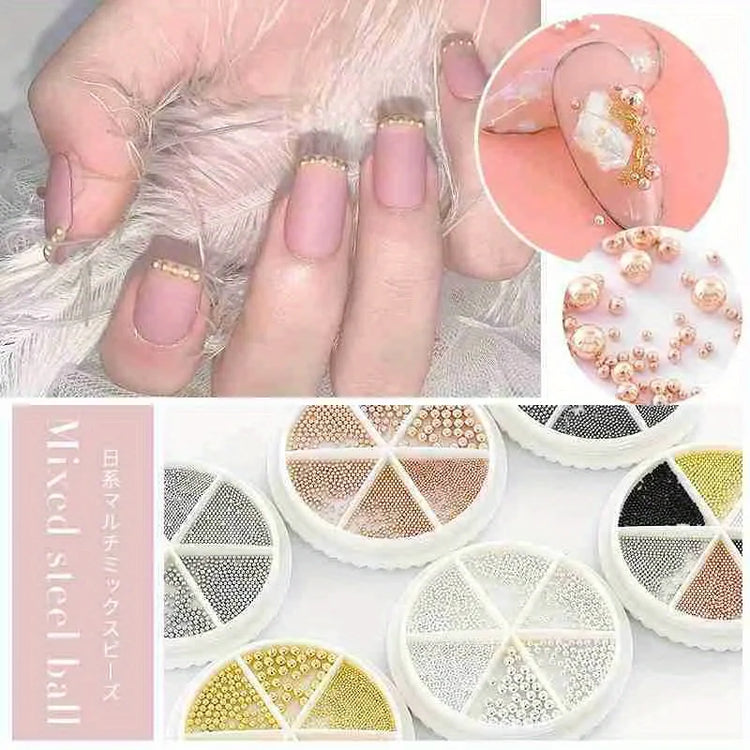 6 Grids Nail Art Tiny Steel Caviar Beads 0.8-1.5mm Mixed Size 3D Design Rose Gold Silver Jewelry Manicure DIY Decoration
