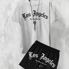 T-shirt comoda e traspirante stampata con lettera Los Angeles casual da uomo nuova Set di pantaloncini comodi da esterno in due pezzi