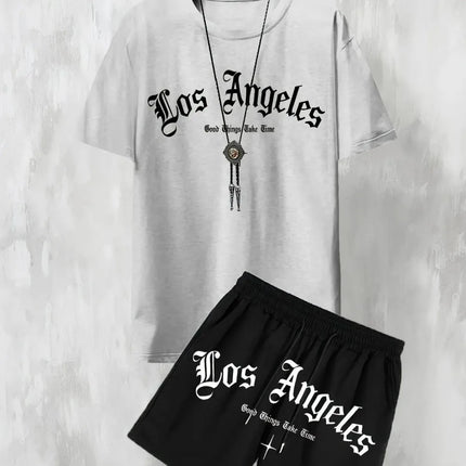 New Men's Casual Los Angeles Letter Print Comfortable and Breathable T-shirt Two-piece Outdoor Comfy Shorts Set