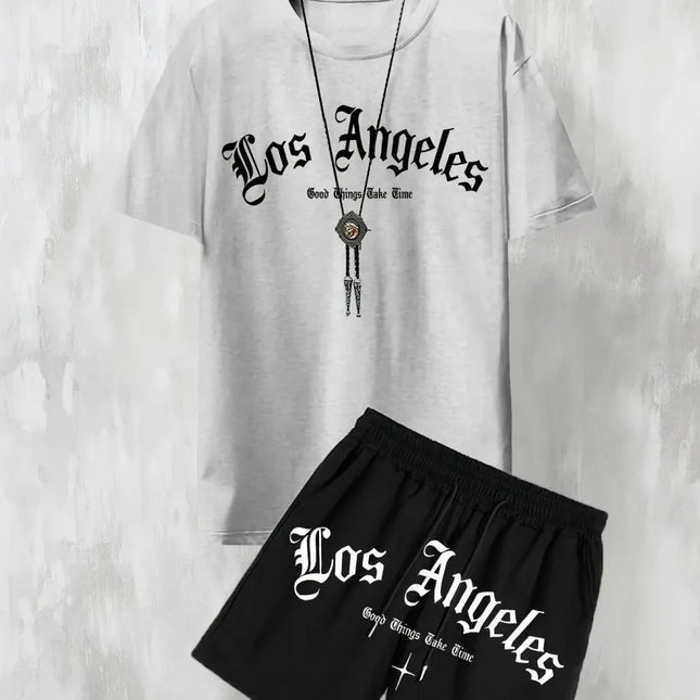 New Men's Casual Los Angeles Letter Print Comfortable and Breathable T-shirt Two-piece Outdoor Comfy Shorts Set