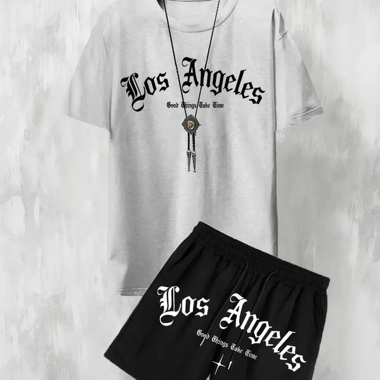 T-shirt comoda e traspirante stampata con lettera Los Angeles casual da uomo nuova Set di pantaloncini comodi da esterno in due pezzi