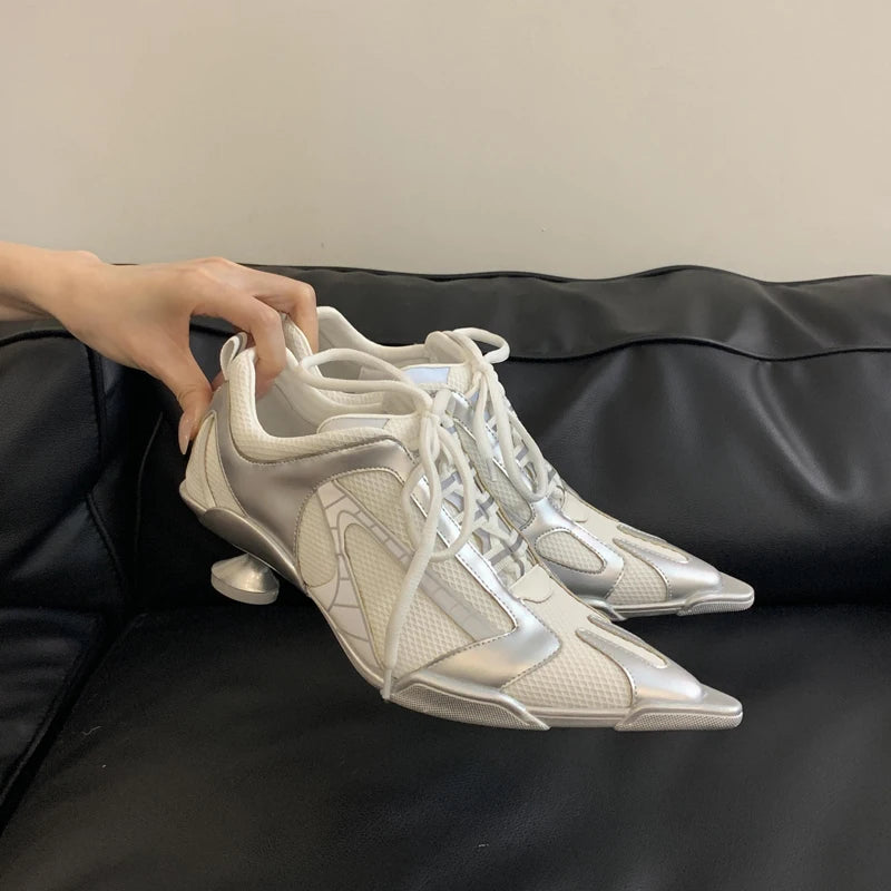Low Heels Silver Shoes Women Pointed Toe Lace Up Sports Style High Heels Comfort Ladies Pumps Black Spring 2025 Shoes