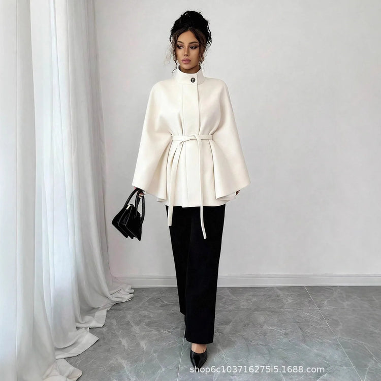 Wool Coat Women Autumn Winter Woolen Jacket Batwing Sleeve Button Lace Up Blends Turtleneck Overcoat Office Lady Outerwear