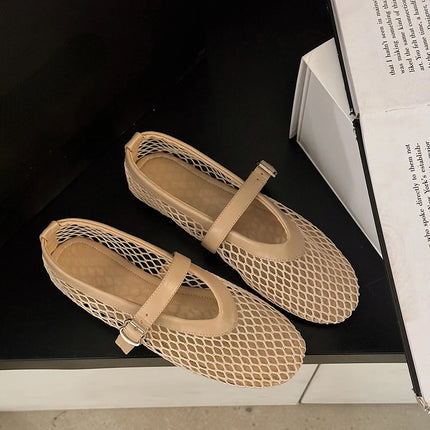 Scarpe estive da donna: Ballerine Mary Jane con punta tonda, fibbie dritte, casual e comode, con intagli, in rete