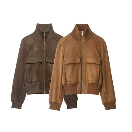 Ladies Short Vintage Faux Suede Autumn Winter Jacket Women Coat Stand-Collar Zip-up Field Trendy Streetwear Chic Jacket Female
