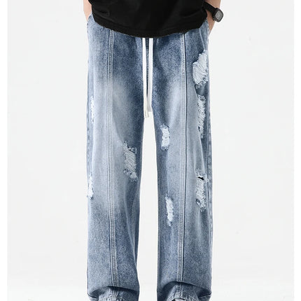 Jeans strappati estivi da uomo Gamba dritta ampia Retro da uomo Disegna corda Porta Pantaloni casual tutto-fiammifero di marca di moda