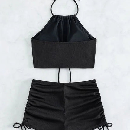 Bikini sexy a vita alta con lacci, set due pezzi da donna, costume da bagno sdoppiato, bikini da spiaggia, nuovo, per tutte le stagioni, tinta unita, senza schienale PlatiNum