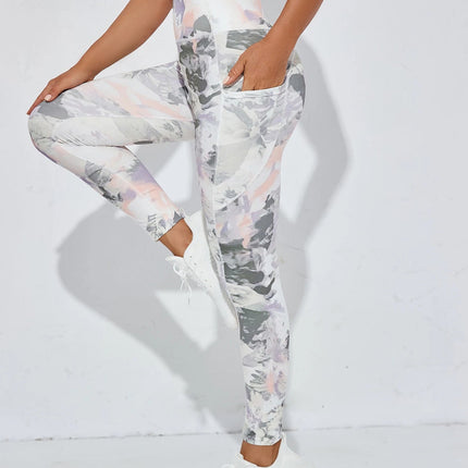 Printed women's high waistband pocket fitness pants paired with tight abdominal yoga pants, suitable for running, hiking, and sp PlatiNum