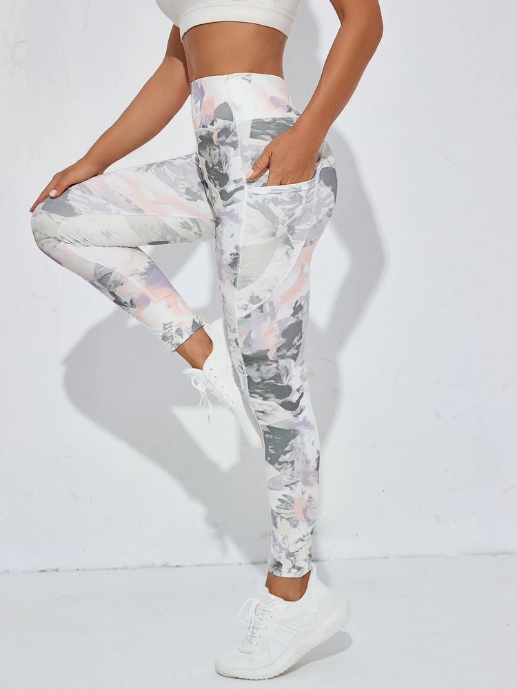 Printed women's high waistband pocket fitness pants paired with tight abdominal yoga pants, suitable for running, hiking, and sp PlatiNum