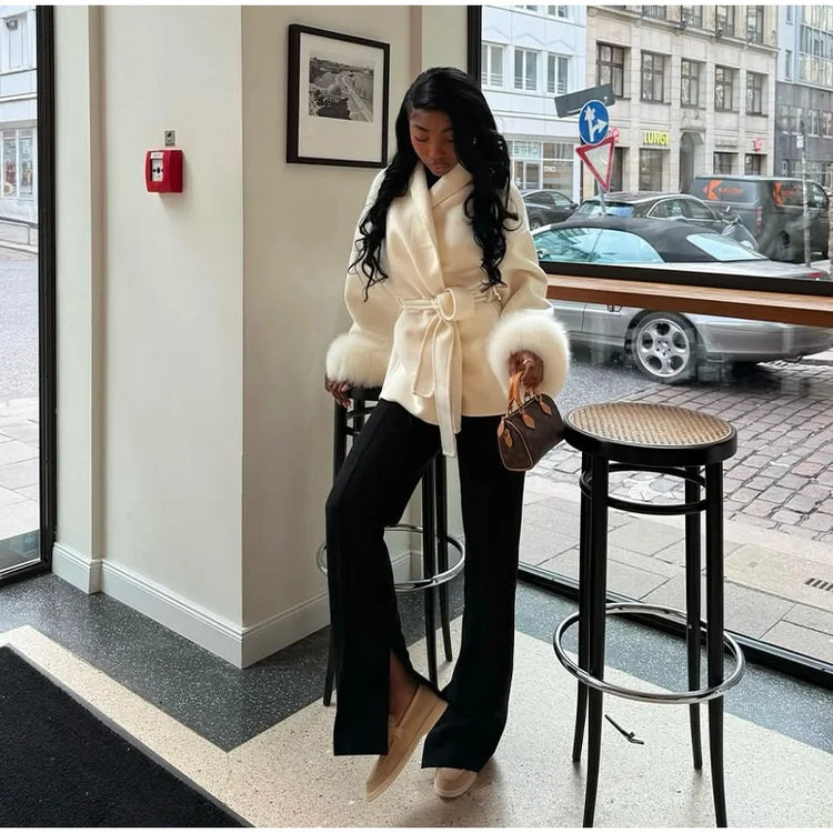 Elegant Women's Lace Up Woolen Coats Solid Full Sleeve Turn-down Collar Loose Lady Coats 2026 Autumn Winter Female Streetwear
