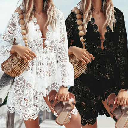 Copricostume Bikini per donna prendisole da spiaggia Boho Crochet bianco lavorato a maglia con scollo a v capesante abito in pizzo tunica pareo Robe Beachwear platinumshop