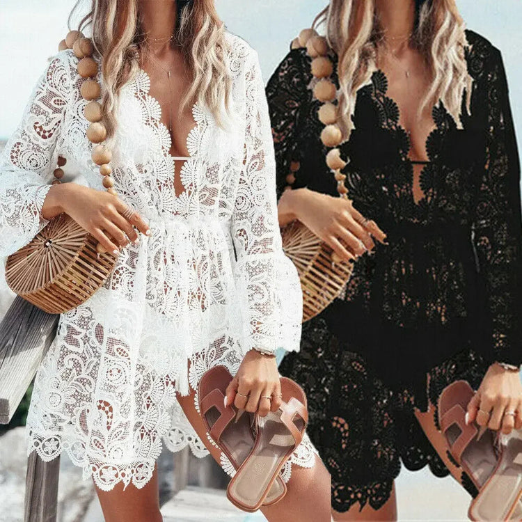 Copricostume Bikini per donna prendisole da spiaggia Boho Crochet bianco lavorato a maglia con scollo a v capesante abito in pizzo tunica pareo Robe Beachwear platinumshop