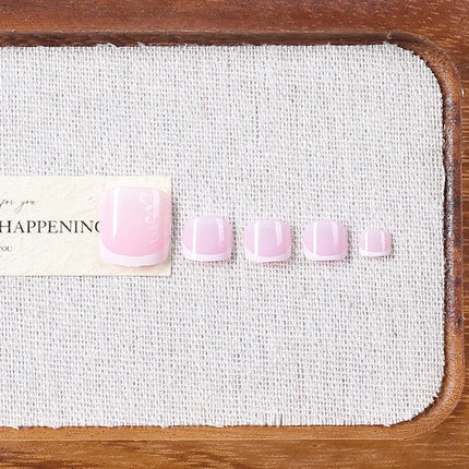 24pcs French Flower Fake Toenails Short Square White Border Press On Nail Tips With 1Jelly Stickers Full Coverage False Nail Tip