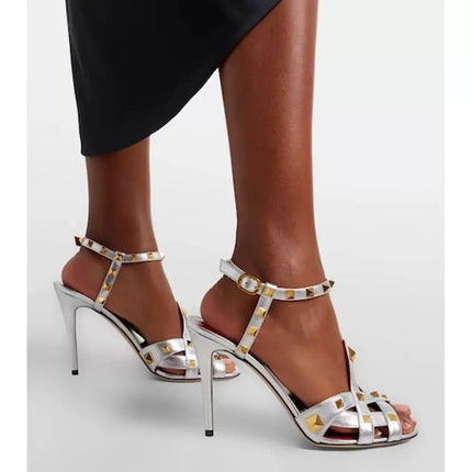 Sandali da donna con tacco alto e punta tonda, con rivetti e design a bocca di pesce, estivi 2026, alla moda, per feste, taglie forti platinumshop