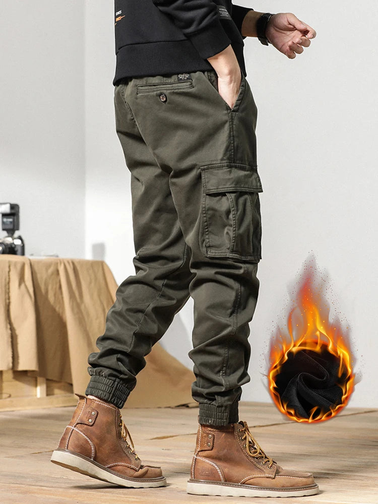 2024 New Winter Cargo Pants Men Multi-Pockets Drawstring Fleece Liner Thick Warm Overalls Joggers Casual Cotton Thermal Trousers