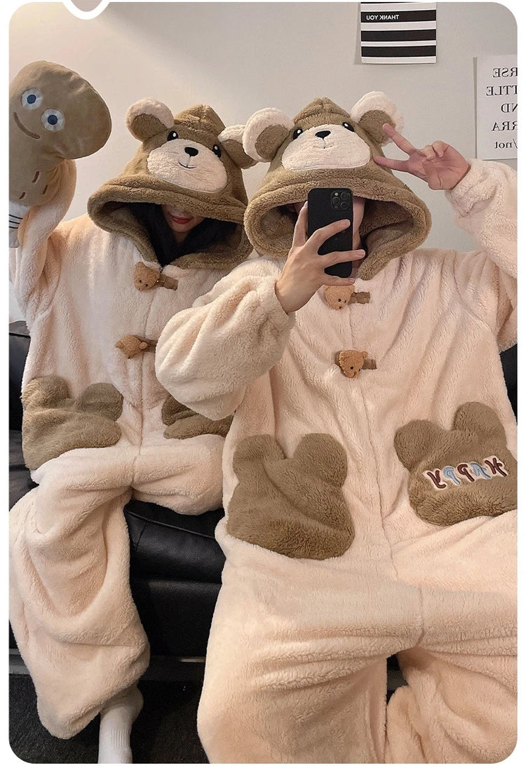 Winter Pajamas Cartoon Bear Costume Pijama Kawaii Adult Couples Kigurumis Sleepwear Jumpsuits Coral Fleece Loose Warm Homewear