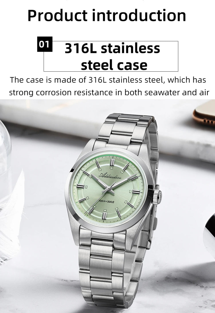 ADDIESDIVE New Men Watch Purple VH31 Quartz Wristwatch Diving 100m Waterproof BWG9 Luminous  316L Stainless Steel 36mm Watches