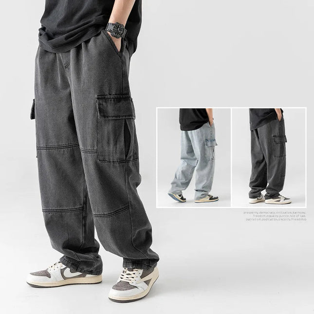 2025 Men's retro camouflage jeans, informal washed wide leg jeans, men's autumn and winter loose pants, old blue multi pocket PlatiNum