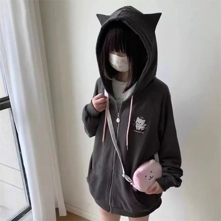Zipper Hoodie Gothic Cartoon Kawaii Cat Ear Y2k Jacket Zip Up Thin Coat Spring Autumn Cute Core 2000s Clothes Fall Sweatshirts
