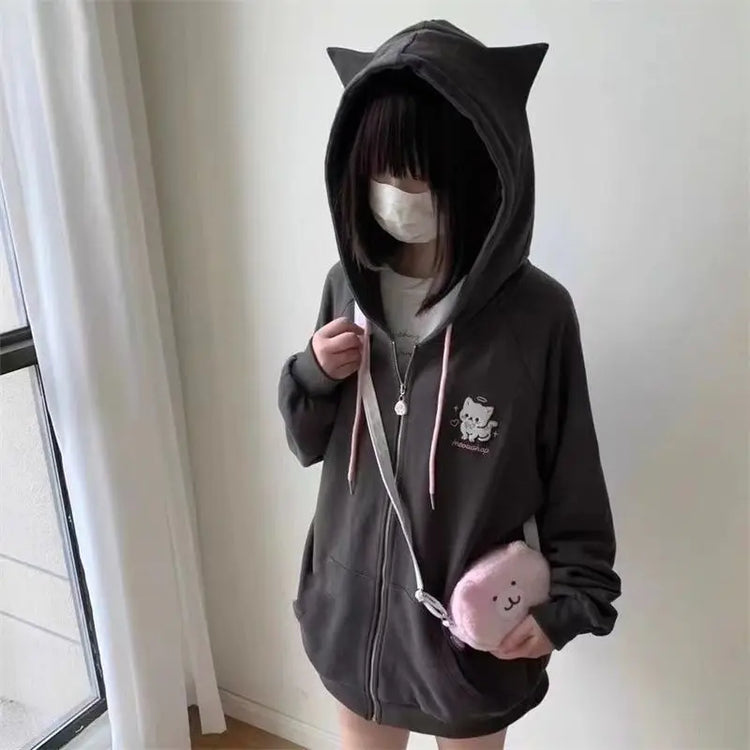 Zipper Hoodie Gothic Cartoon Kawaii Cat Ear Y2k Jacket Zip Up Thin Coat Spring Autumn Cute Core 2000s Clothes Fall Sweatshirts