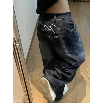Jeans Casual da Donna Y2K Larghi e Comodi Blu Lavato Stile Vintage Cargo Pantaloni a Gamba Larga Oversize Y2K